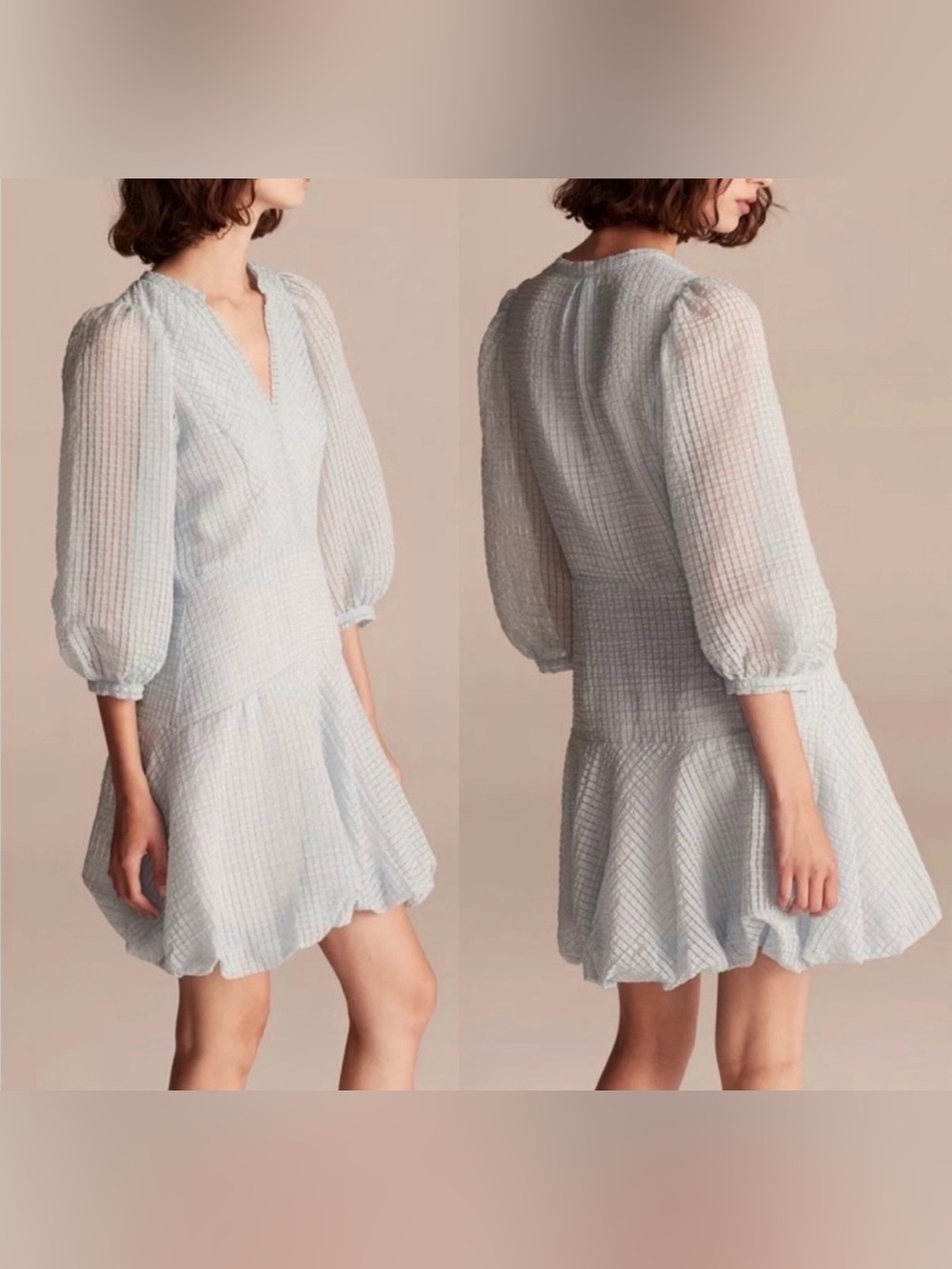 Rebecca Taylor Blue Organdy Stripe Dress V-Neck, Puff Sleeve & Bubble Hem Size 2